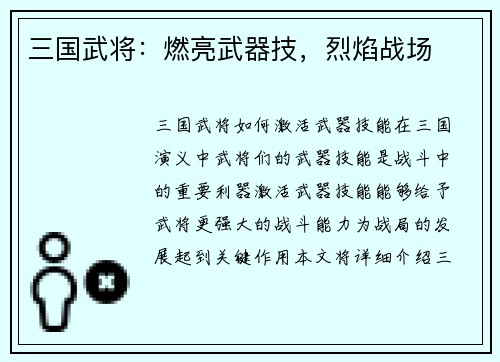 三国武将：燃亮武器技，烈焰战场